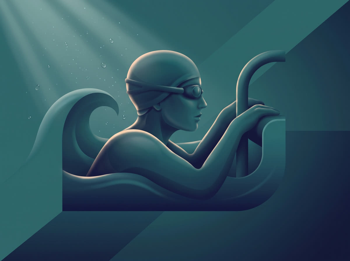 Stylized duotone illustration of a swimmer pausing at the pool edge between training efforts