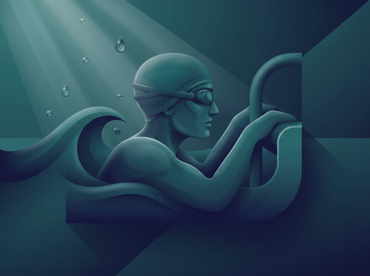 Stylized duotone illustration of a swimmer resting at the pool wall between repeats